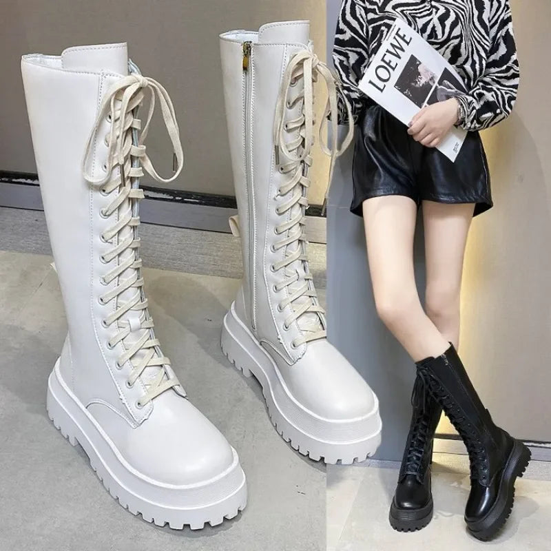2024 New Thicken Winter Knight Boots Women Knee High Long Square Heel Boots Retro Thick Motorcycle Boots Black White Botas Mujer boots_platform