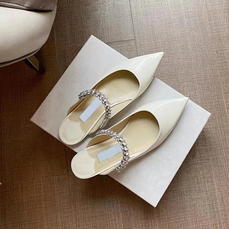 2025 Summer New High-heeled Stiletto Pointed Rhinestone Slippers Women's Outer Wear One-word with Baotou Half Drag Muller Shoes heels_bridal
