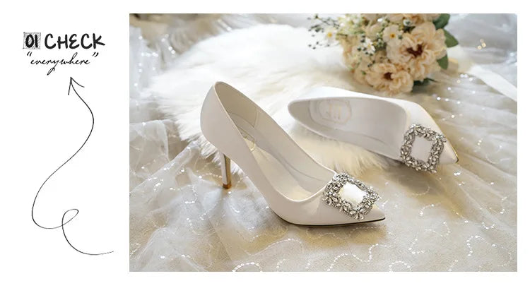 Women Rhinestone Square Buckle Dress Wedding Brides Shoes Pointed Toe Stiletto Pumps Suede High Heels Botines Mujer Con Tacon heels_stiletto