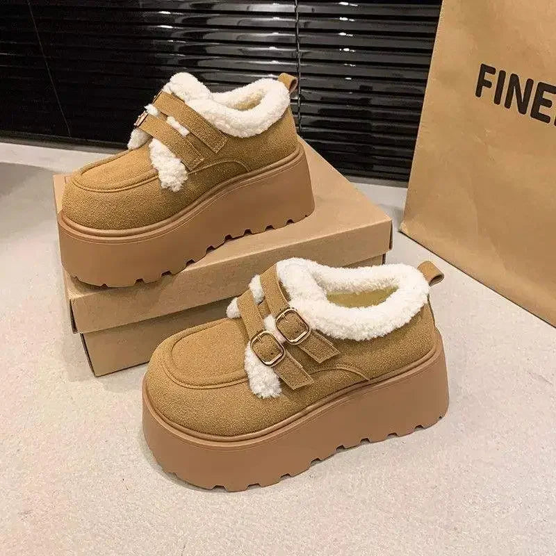Low Cut Furry Snow Boots Women's Thick Heel Wedge Slippers Korean Style Flat Shoes Cotton Lined Winter Fashion Boots sneakers_platform