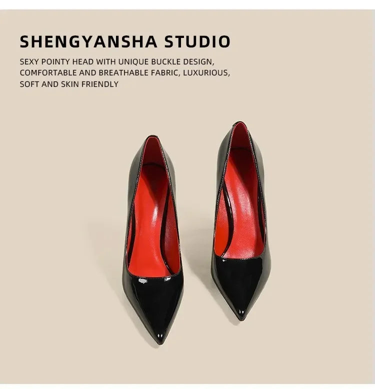 7cm Black Red Sole High Heels Spring Pointed Toe Stiletto Heel Sexy Shiny Single Shoes Fashion Patent Leather Women's Shoes heels_stiletto