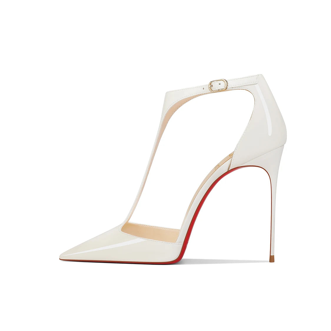 New pointed shallow mouth patent leather T-shaped buckle strap single shoe with feminine temperament, slim heel high heels heels_stiletto