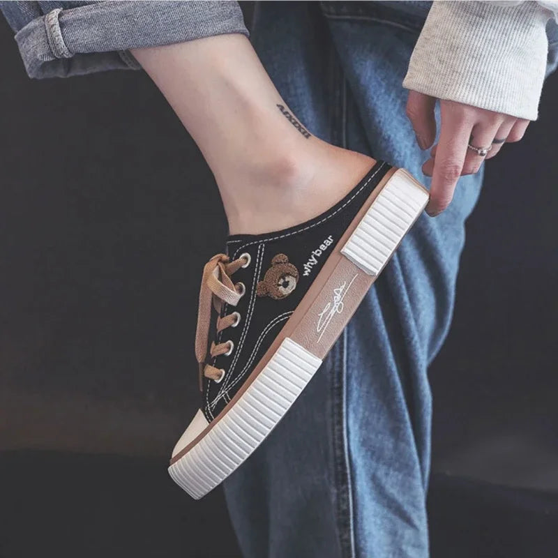 Summer Cute Women's Canvas Shoes New Womens Half Slippers Korean Version Female Vulcanized Shoes Lace-up Flat Sneakers Zapatos sneakers_women