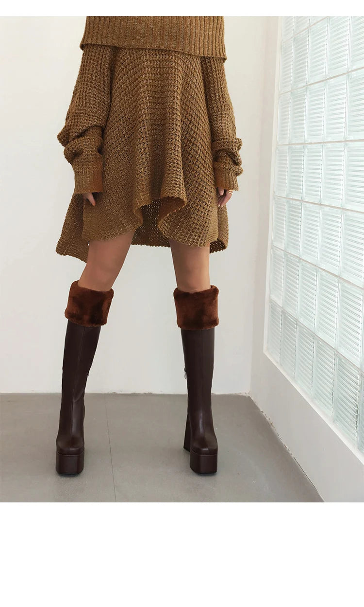 Plus Size Super High Profiled Tapered Heel Faux Fur Turned-Over Edge Warm Winter Snow Boots High Platform Square Toe Knee Boots boots_platform