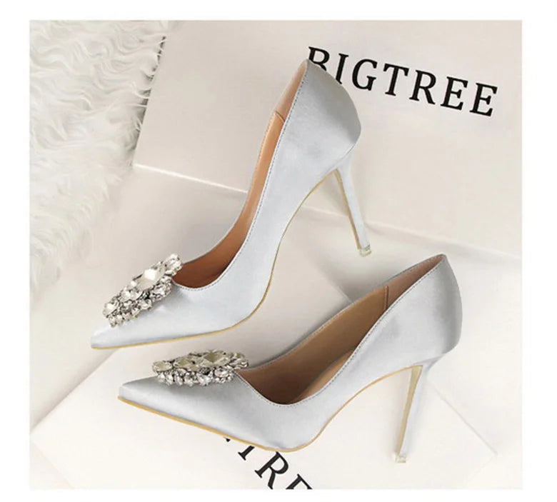 CINESSD Silver Gray Black Women Bridal Wedding Shoes Faux Silk Satin Rhinestone Crystal Shallow Woman Pumps Stiletto High Heel heels_stiletto