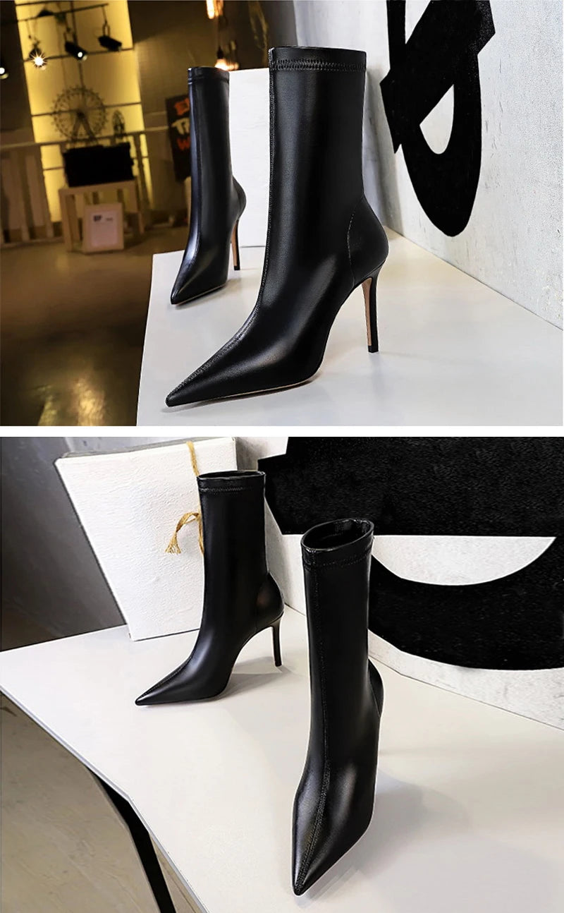 Eilyken Fashion Winter High Quality Soft PU Leather Socks Women Ankle Boots Street Style Pointed Toe Thin Heels Ladies Botines boots_highheel