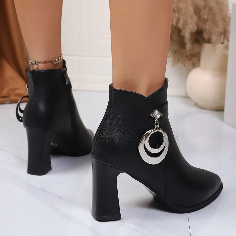 Fashion Short Boots High Heel Women's Boots Autumn Winter Thick Heel Fashion Diamond Pendant Zipper Pointed Toe Leather Boots boots_highheel