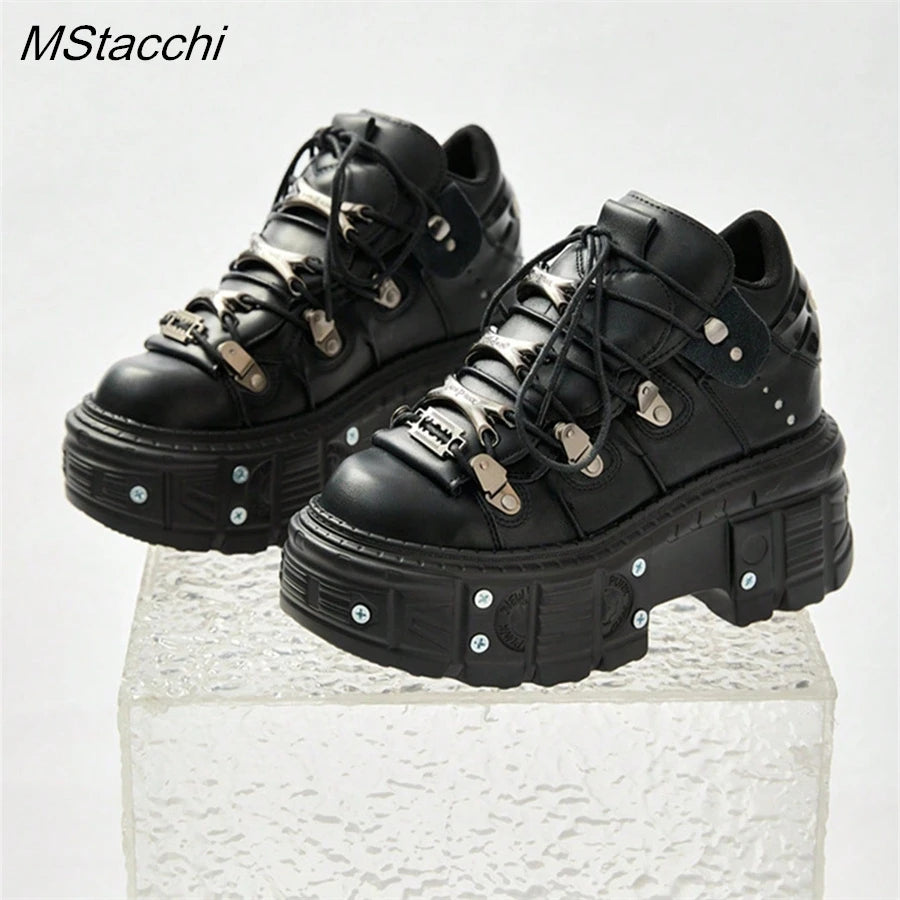 Punk Style Women Black Shoes Rock Metal Decor Lace-up Heel Height Platform Shoes Gothic Man Sneakers Women Ankle Boots 2026 sneakers_platform