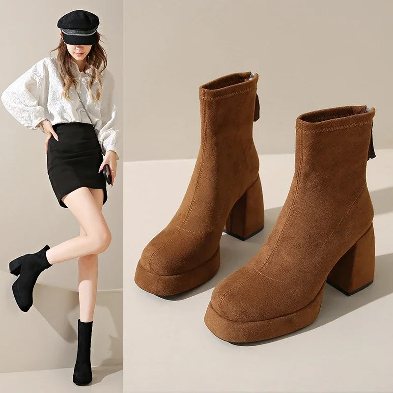 2024 Women's Fashion High-heeled Boots Winter New British Style Soft Sole Anti-slippery  Versatile Keep Warm Leather Shoes boots_platform