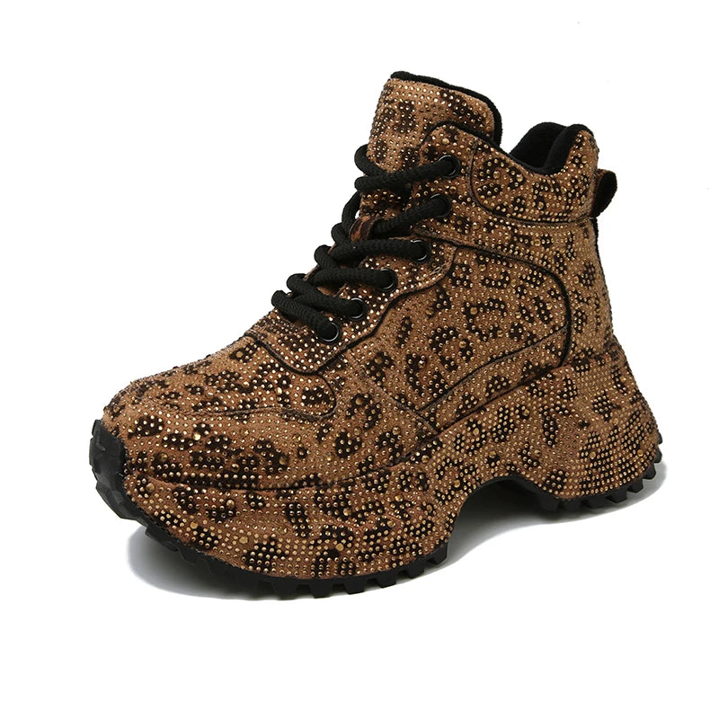 7CM Winter Women Shiny Rhinestones Shoes Casual Plush High Top Sneakers Women Stylish Sport Shoes Lace-Up Platform Luxury  sneakers_platform