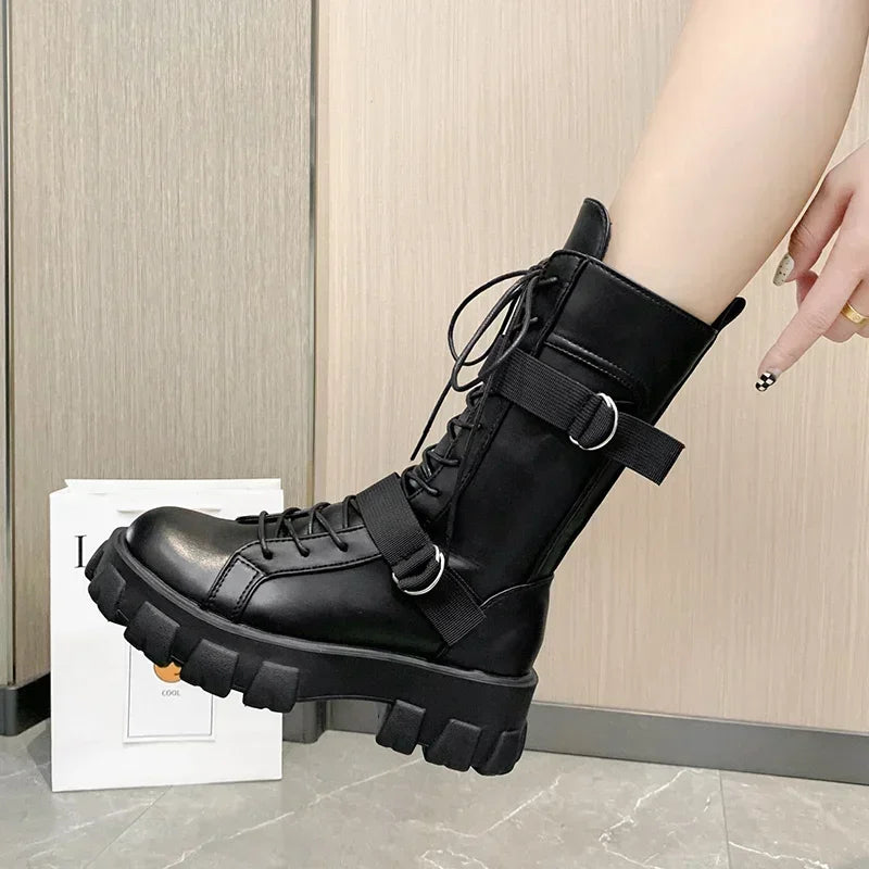 Women Mid-Calf Boots Pring Motorcycle Boots Women's Cosplay High Boots Punk Gothic Black High Heel Shoes Women Long Knight boots_platform