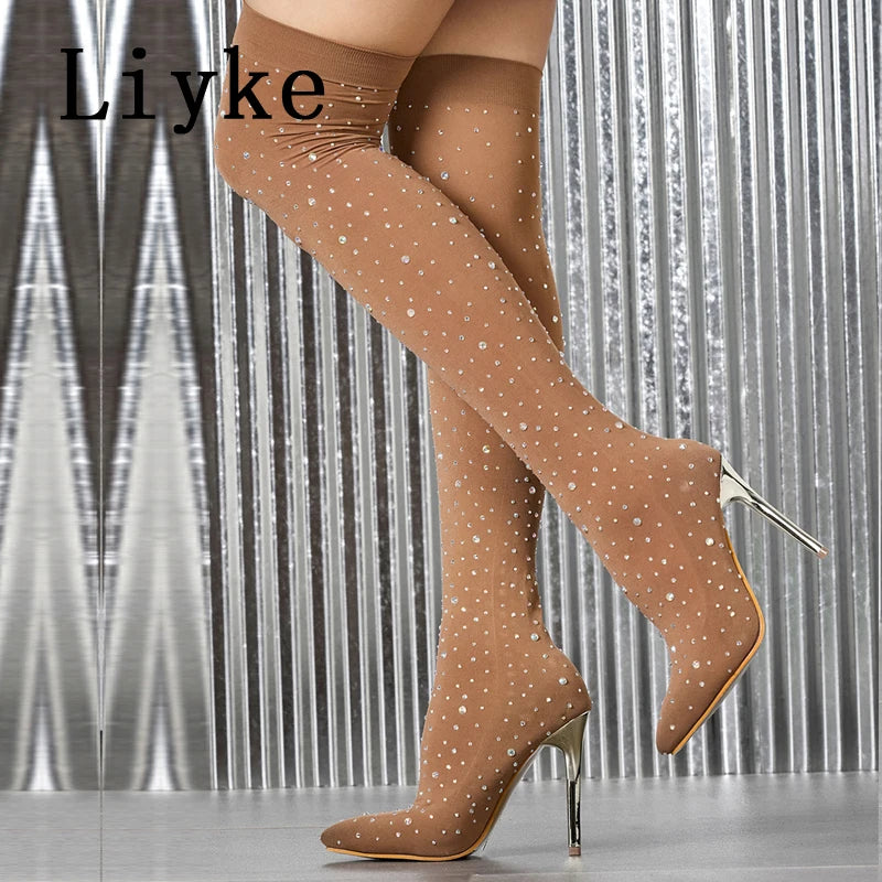 Liyke Sexy Pointed Toe Crystal Rhinestone Stretch Fabric Thigh High Boots Women Thin Heels Over The Knee Socks Shoes Size 35-43 boots_highheel