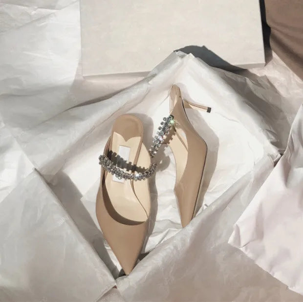 2025 Summer New High-heeled Stiletto Pointed Rhinestone Slippers Women's Outer Wear One-word with Baotou Half Drag Muller Shoes heels_bridal