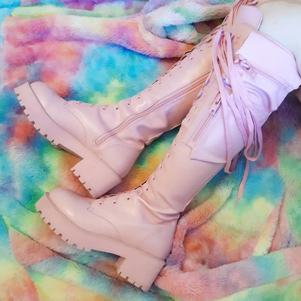 Knee High Boots Women Cool Goth Zipper Design Pocket Lace Up Chunky Heel High Quality Shoes Woman Fashion Popualr Big Size 35-43 boots_platform