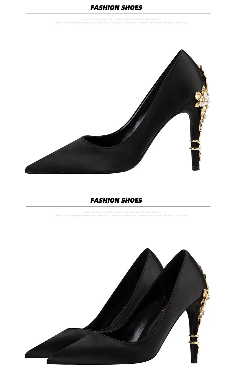 2025 New Metal Flower Women Pumps Designer Shoes High Heels Women Satin Stiletto Heels 10 Cm Sexy Wedding Shoes Plus Size 41 heels_stiletto