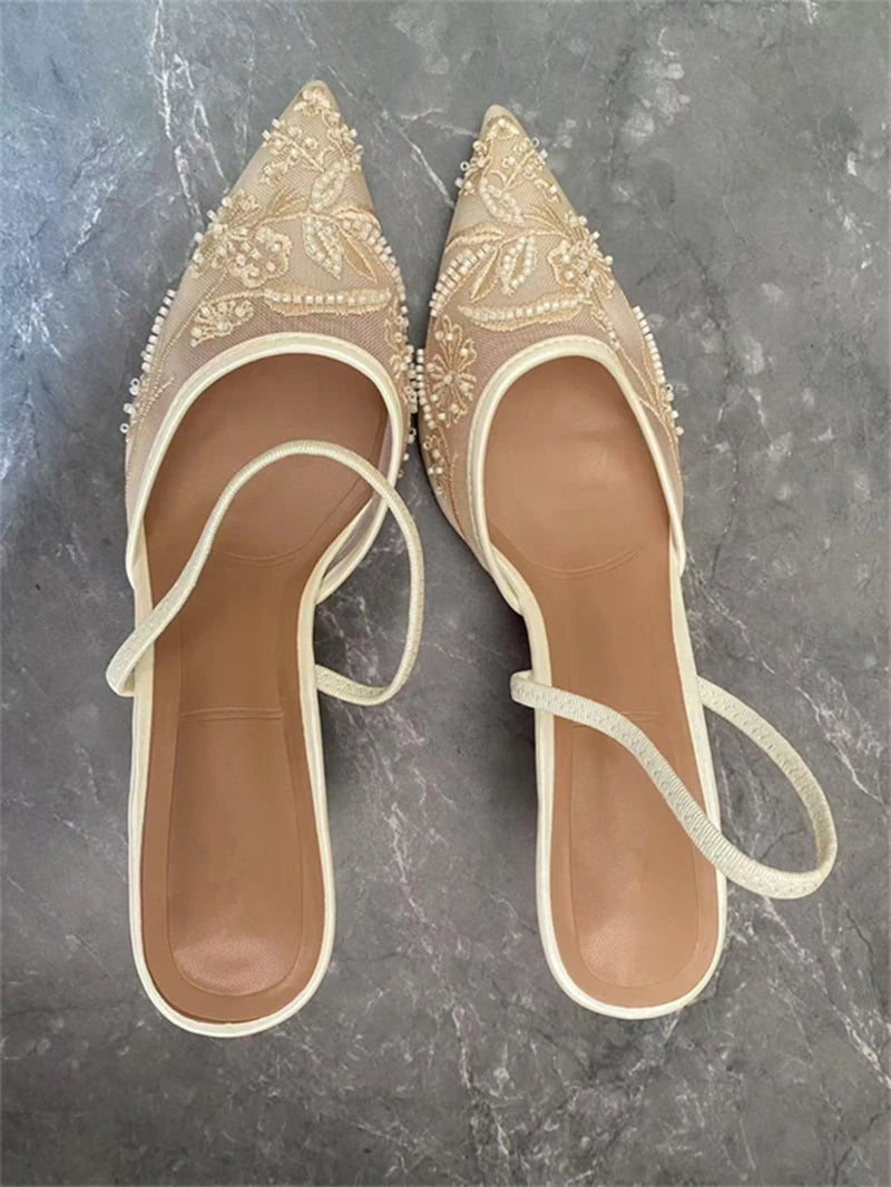 Women's Mesh Floral Embroidered Slingback High Heels Female Open Heel Pearl Studded Pointed Toe Sandals Sexy Stiletto Lady Mules heels_stiletto