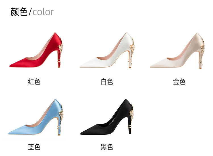 2025 New Metal Flower Women Pumps Designer Shoes High Heels Women Satin Stiletto Heels 10 Cm Sexy Wedding Shoes Plus Size 41 heels_stiletto