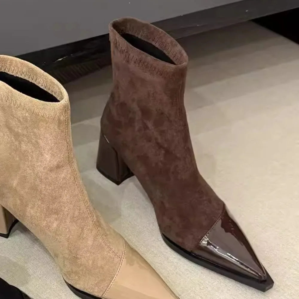Women's New Autumn Chunky Single Boots Pointed Suede Splicing Anti-slip Wear-resistant Ankle Boots High Heel Short Boots boots_highheel