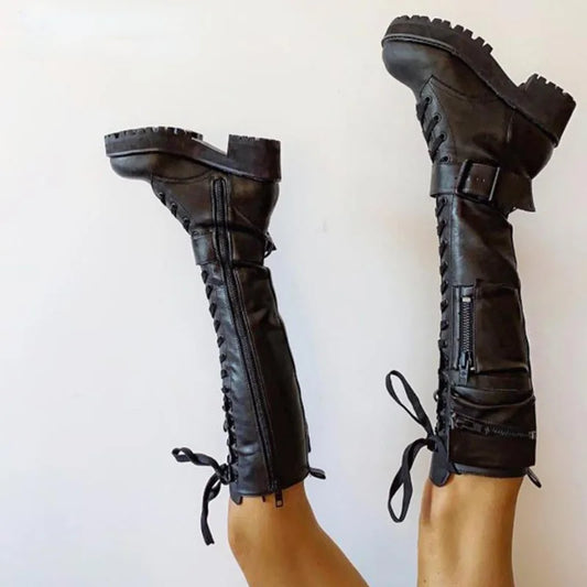 Knee High Boots Women Cool Goth Zipper Design Pocket Lace Up Chunky Heel High Quality Shoes Woman Fashion Popualr Big Size 35-43 boots_platform