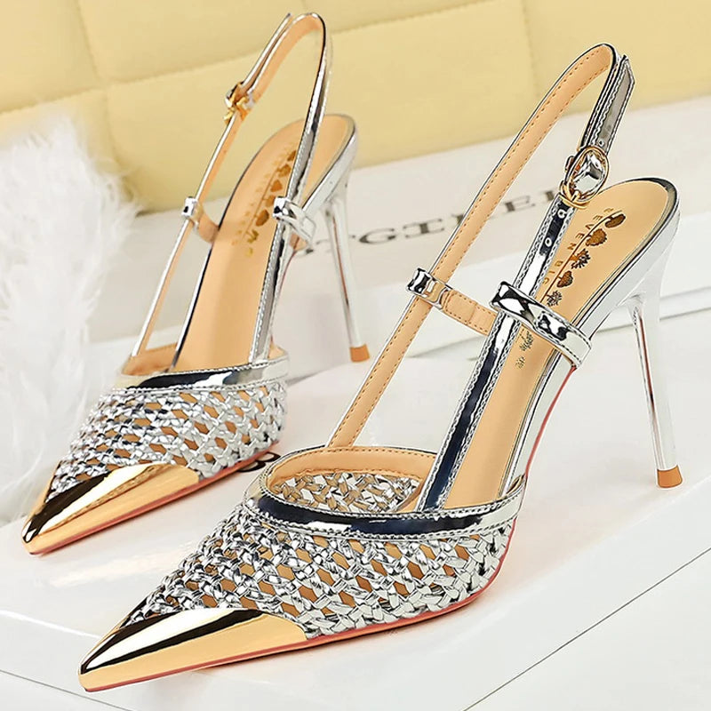 Fashion hollow Weaving Women Pumps Metal pointed tip High Heels Stiletto 9.5 cm buckle Summer Women's high-heeled sandals Shoes heels_stiletto