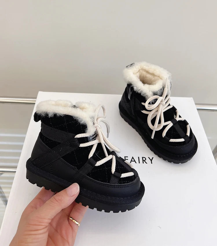 2025 New Winter Children Snow Boots Genuine Leather Warm Plush Toddler Boys Shoes Non-slip Fashion Baby Girls Boots 1-6 Years