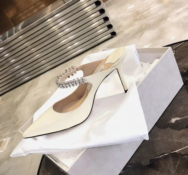 2025 Summer New High-heeled Stiletto Pointed Rhinestone Slippers Women's Outer Wear One-word with Baotou Half Drag Muller Shoes heels_bridal
