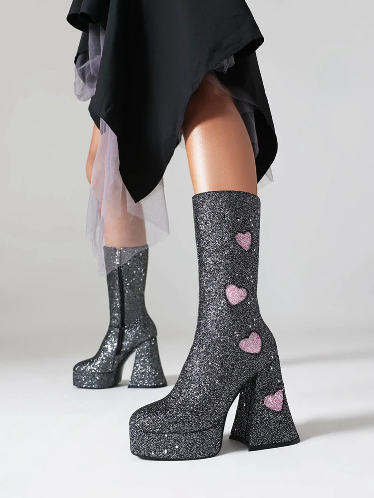 Heart Shaped Sequin Fabric Material Color Block Women's Mid Boots Platform High Shaped Conical Heel Thick Plush Lining Boots boots_platform