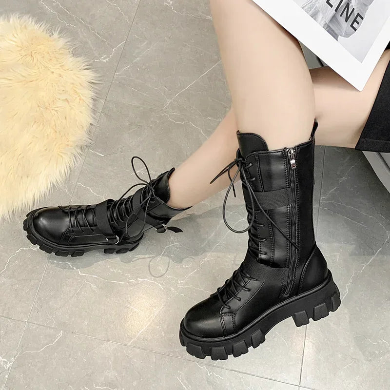 Women Mid-Calf Boots Pring Motorcycle Boots Women's Cosplay High Boots Punk Gothic Black High Heel Shoes Women Long Knight boots_platform