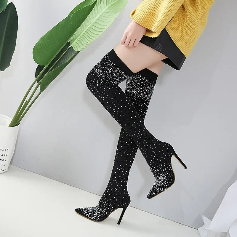 Design Crystal Rhinestone Stretch Fabric Sexy High Heels Sock Over-the-Knee Boots Pointed Toe Pole Dancing Women Shoes boots_highheel
