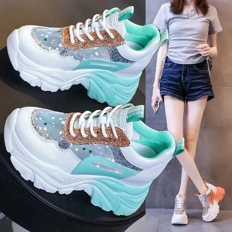 Shoes for Women Platform Shoes Autumn Women Casual Breathable Mesh Sequin Sneakers Wedges Sports Lace-up Non-slip Shoes sneakers_platform