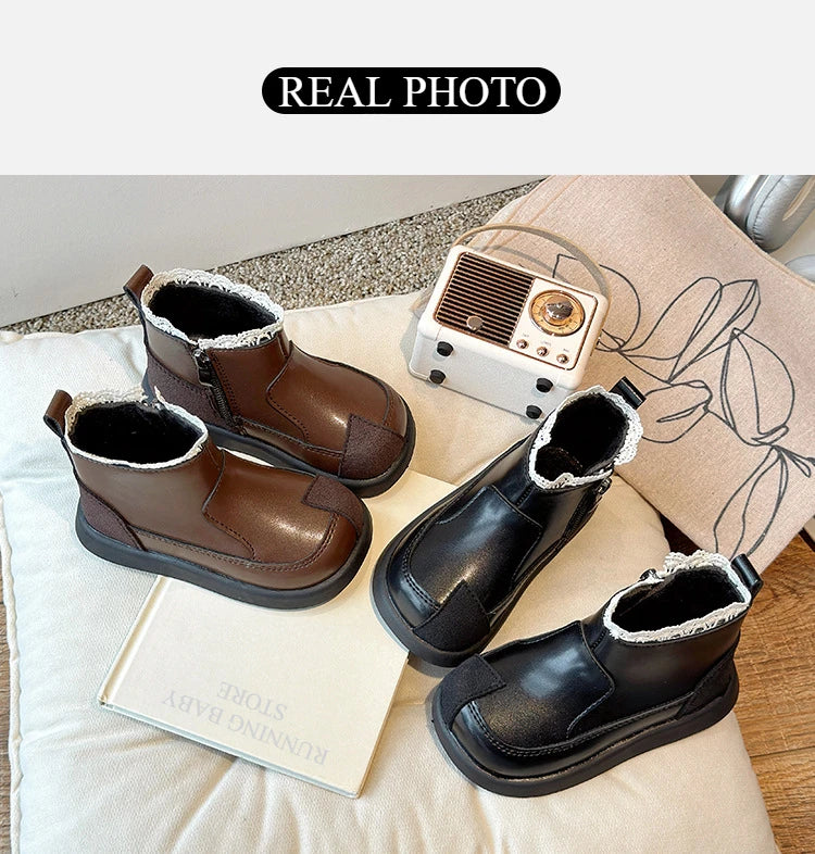 Lolita Style Baby Girls Short Boots Patch Patent Leather Girls Wedge Shoes Lace Flower Bordered Winter School Shoes Child H09241 kids_shoes
