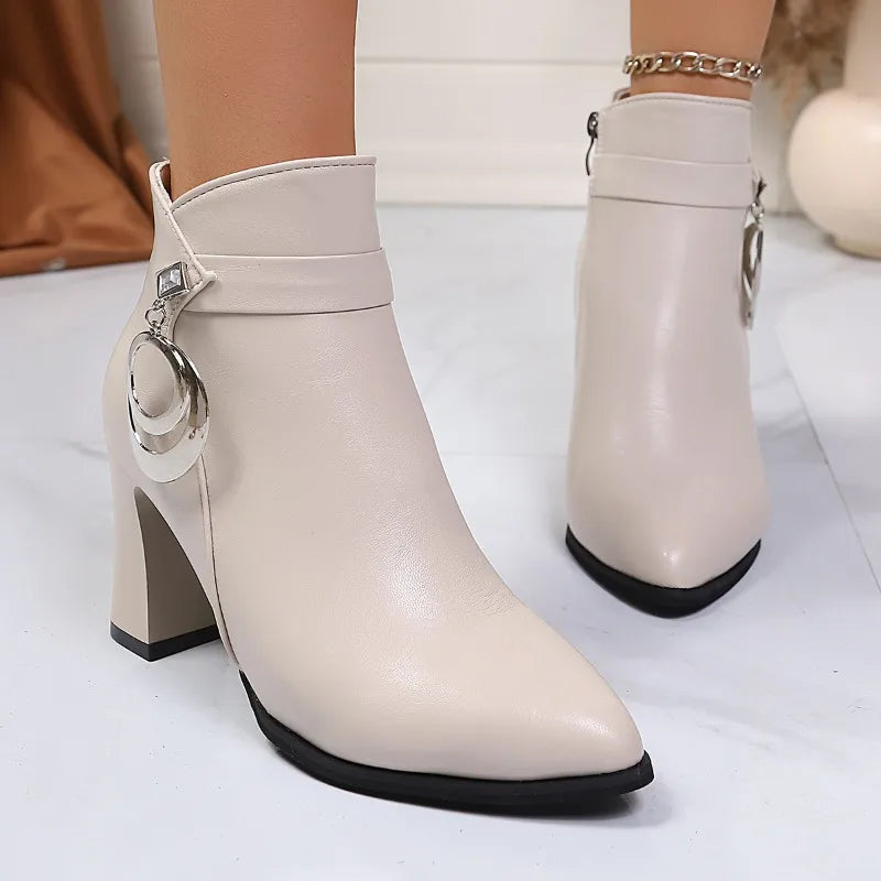 Fashion Short Boots High Heel Women's Boots Autumn Winter Thick Heel Fashion Diamond Pendant Zipper Pointed Toe Leather Boots boots_highheel