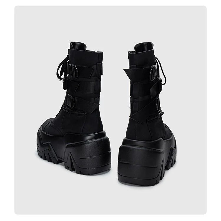 Women Ankle Booties Autumn Leather Chunky Shoes Woman High Platform Breathable Sneakers 9CM Thick Sole Wedges Motorcycles boots_platform