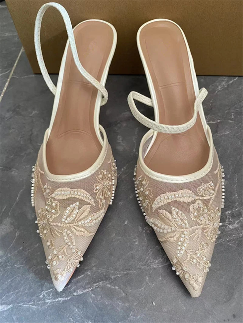 Women's Mesh Floral Embroidered Slingback High Heels Female Open Heel Pearl Studded Pointed Toe Sandals Sexy Stiletto Lady Mules heels_stiletto
