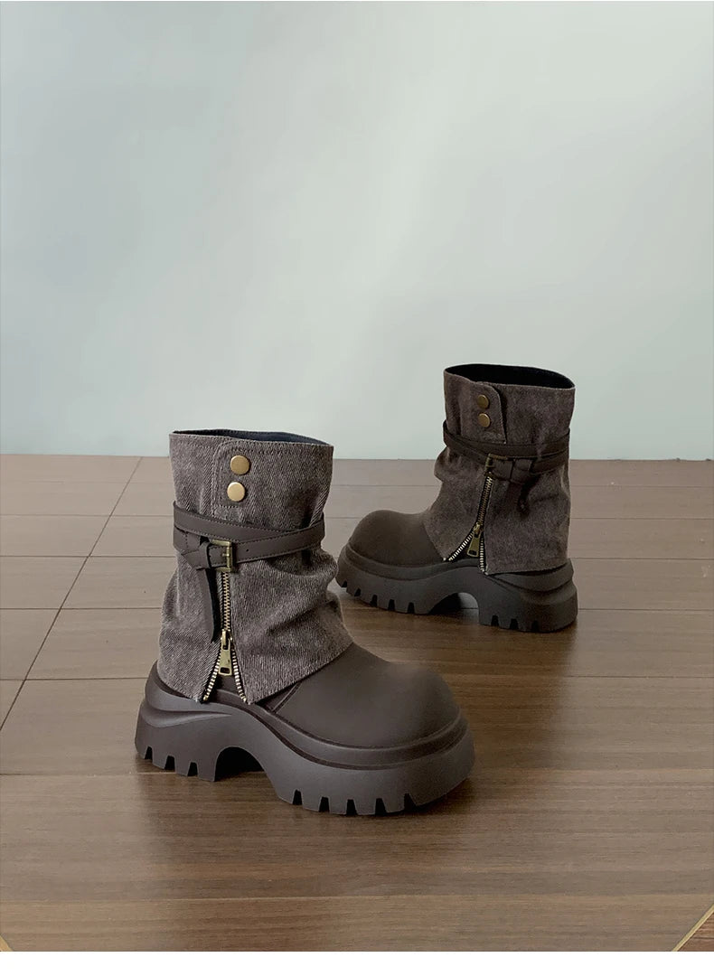 Winter Punk Style Women Pipe Ankle Boots Fashion Belt Buckle Shoes Ladies Concise Platform Heel Short Booties Zapatos De Mujer boots_platform