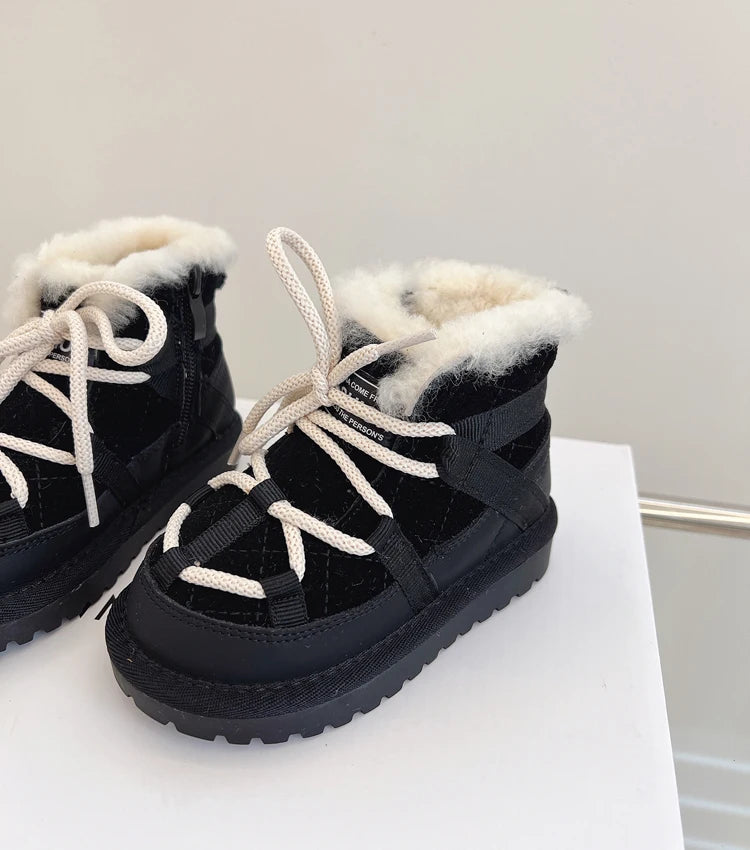 2025 New Winter Children Snow Boots Genuine Leather Warm Plush Toddler Boys Shoes Non-slip Fashion Baby Girls Boots 1-6 Years