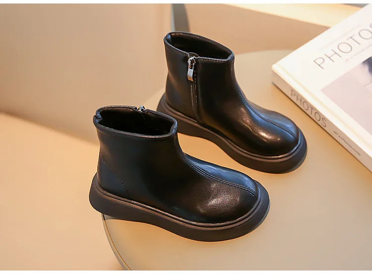 Autumn Winter Children's Boots Fashion Simple Style Girl's Ankle Boot Causal Versatile Black Kid Short Leather Boots Side Zipper kids_shoes