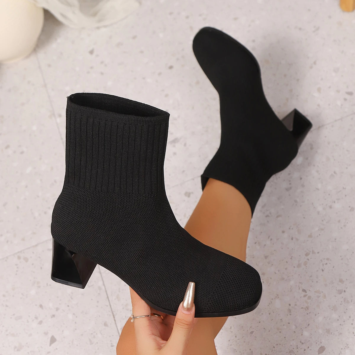 Women Boots Pointed Toe Slip on Mid-Calf Boots Spring Autumn Knitted Socks Boots Women High Heels Plus Size Fashion Shoes Women boots_highheel