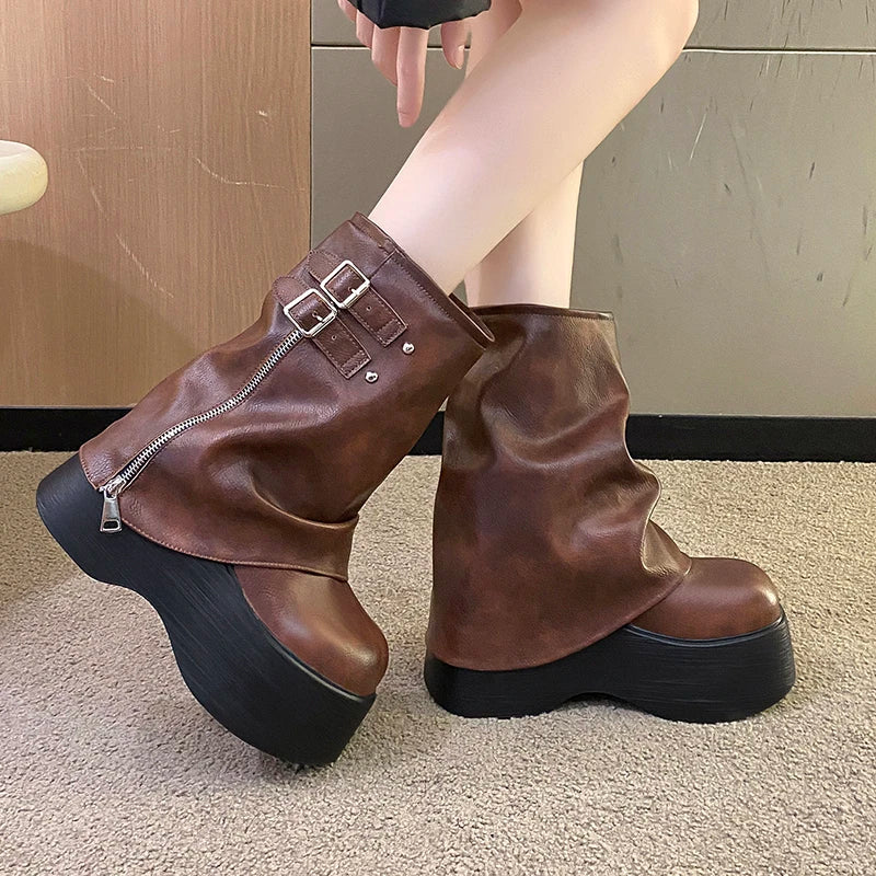 Soft Leather Ankle Mid Calf Boots Winter Autumn High Platform Wedge British Booties Woman New Ladies Chunky Motorcycle Boots 9CM boots_platform