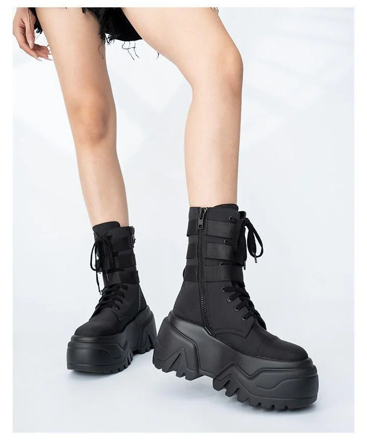 Women Ankle Booties Autumn Leather Chunky Shoes Woman High Platform Breathable Sneakers 9CM Thick Sole Wedges Motorcycles boots_platform