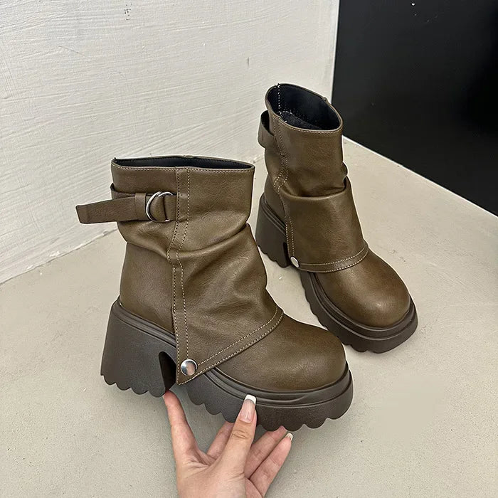 2025 New Folded round Head Thick Heel British Style Boot Spring Summer Chunky Fashion Boot Platform Short Tube Pile boots_platform