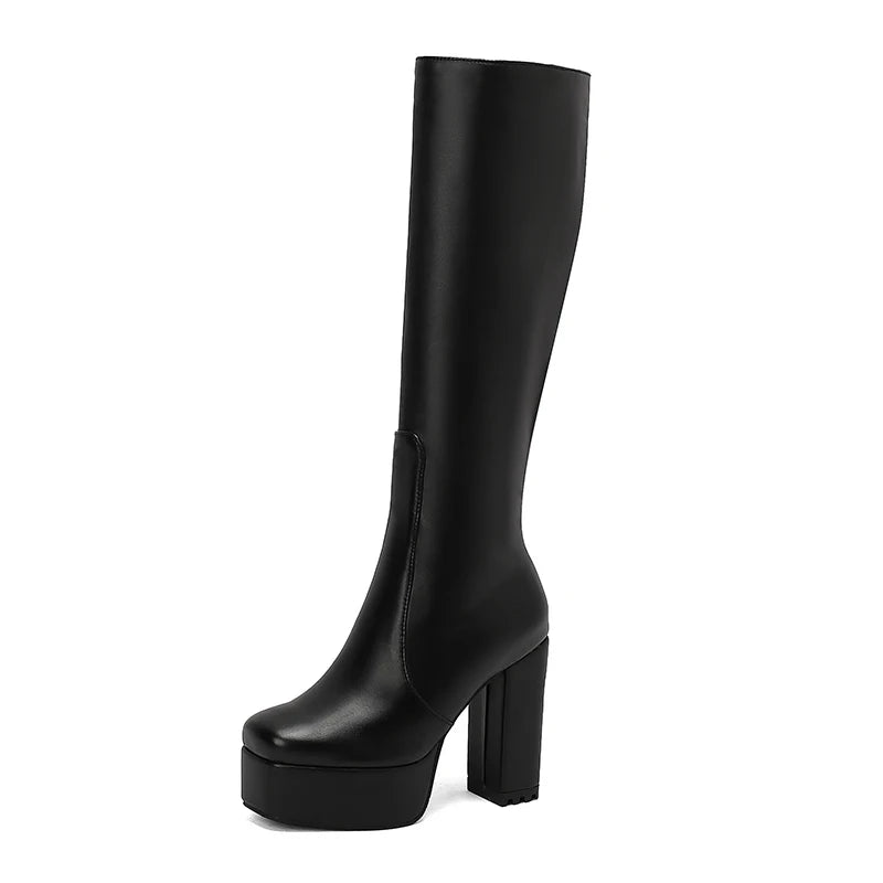 High Waterproof Platform Square Toe Solid Color Side Zipper Women's Knee High Boots Super High Thick Heel Office Boots boots_platform