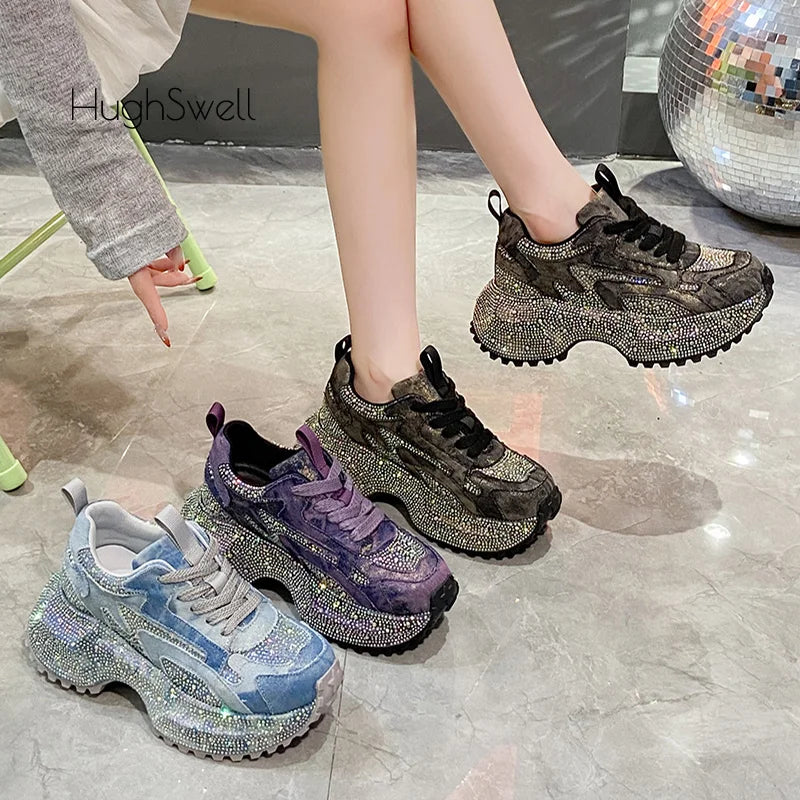 Rhinestone Cover Thick Sole Denim Canvas Sneaker Woman Bling Rivet Chunky Daddy Shoe Ladies Luxury Brand Design Crystal Zapatos sneakers_platformis sneakers_luxury