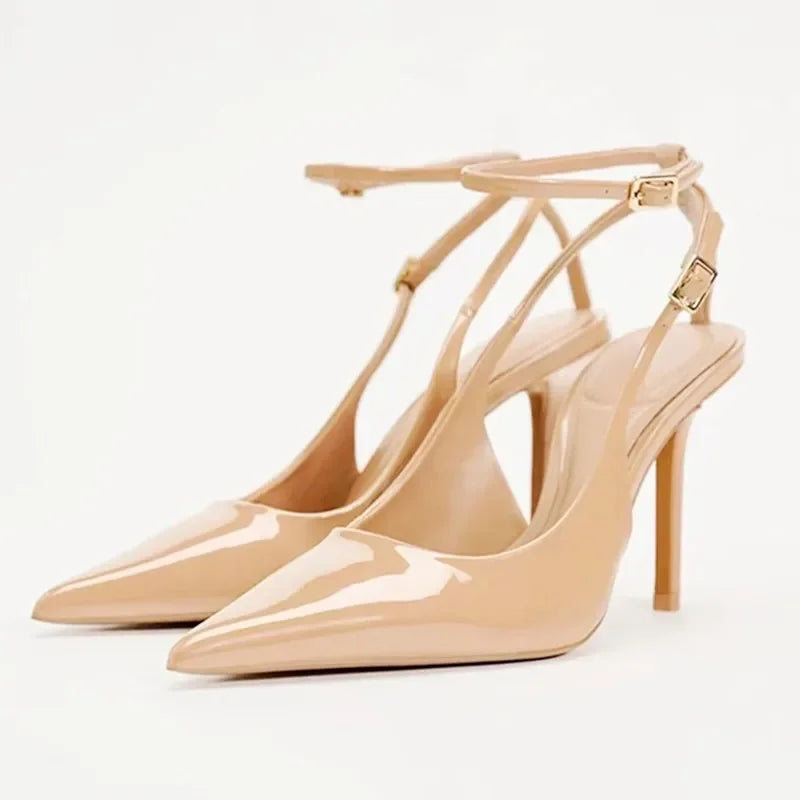 Nude Patent Leather Ankle Strap Buckle Women Pumps Sexy Pointed Toe Stiletto Heels Summer Stiletto Heels Party Shoes Sandalias heels_stiletto