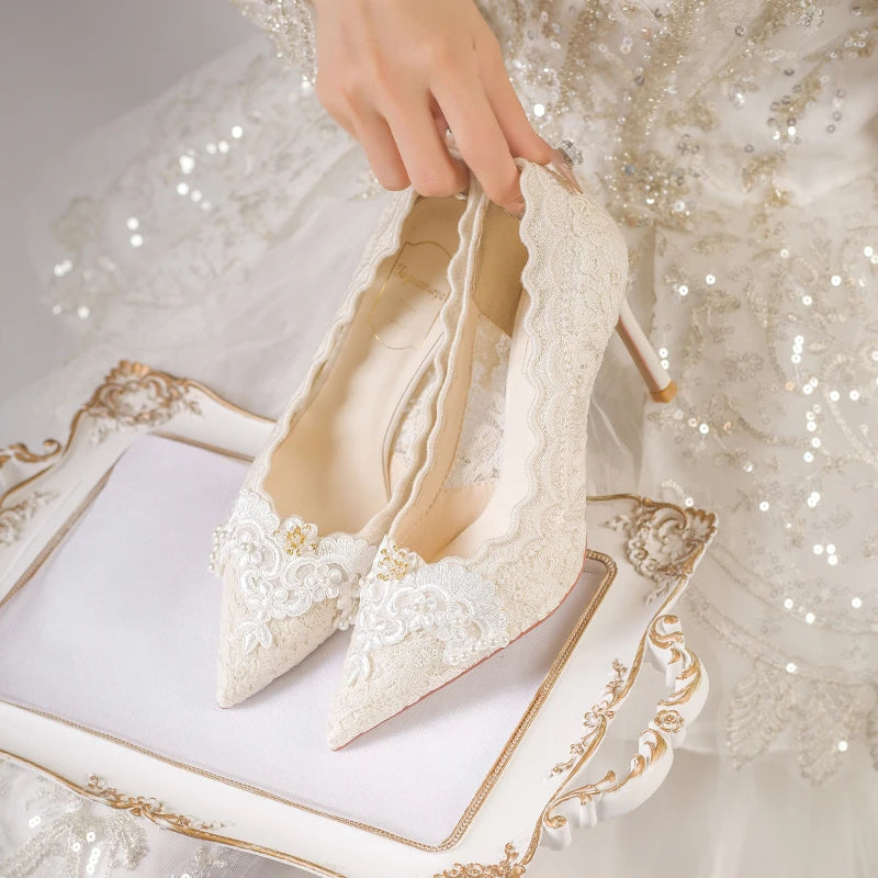 2025 Summer Cutout Women's Mesh Embroidered Pointed Toe Stiletto Heels Lace Shoes heels_stiletto