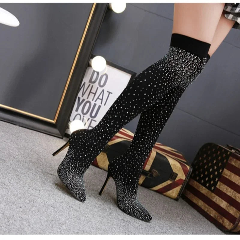 Summer Knee Boots  Luxury Woman Shoes Rhinestone Pointed Toe Sexy High Heels Plus Size 43 Thigh High Sock Botas De Mujer boots_highheel