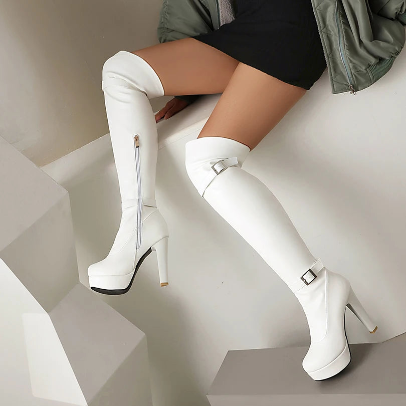 Double Row Metal Belt Buckle Side Zipper Round Toe Platform Ultra-High Thick Heel Over The Knee High Boots New Long Boots boots_platform