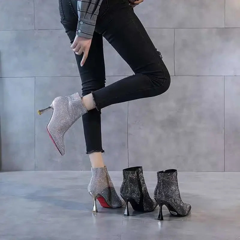 2025 Fashion Women Shiny High Heel Booties Female High-Heeled Boots Young Ladies Booties Heel Cloth Boots Black Botas De Mujer boots_highheel