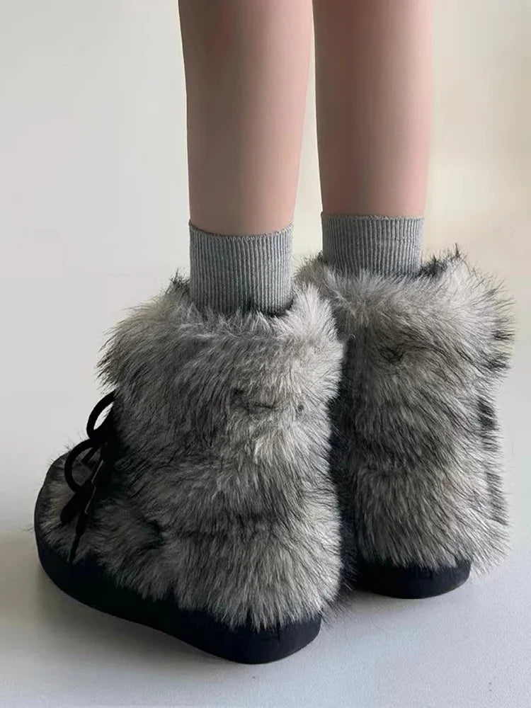 Bow Platform Women Snow Ankle Boots Fur Designer Fashion Short Plush Flats Cotton Shoes 2025 Trend Warm Cozy Winter Botas Mujer boots_platform