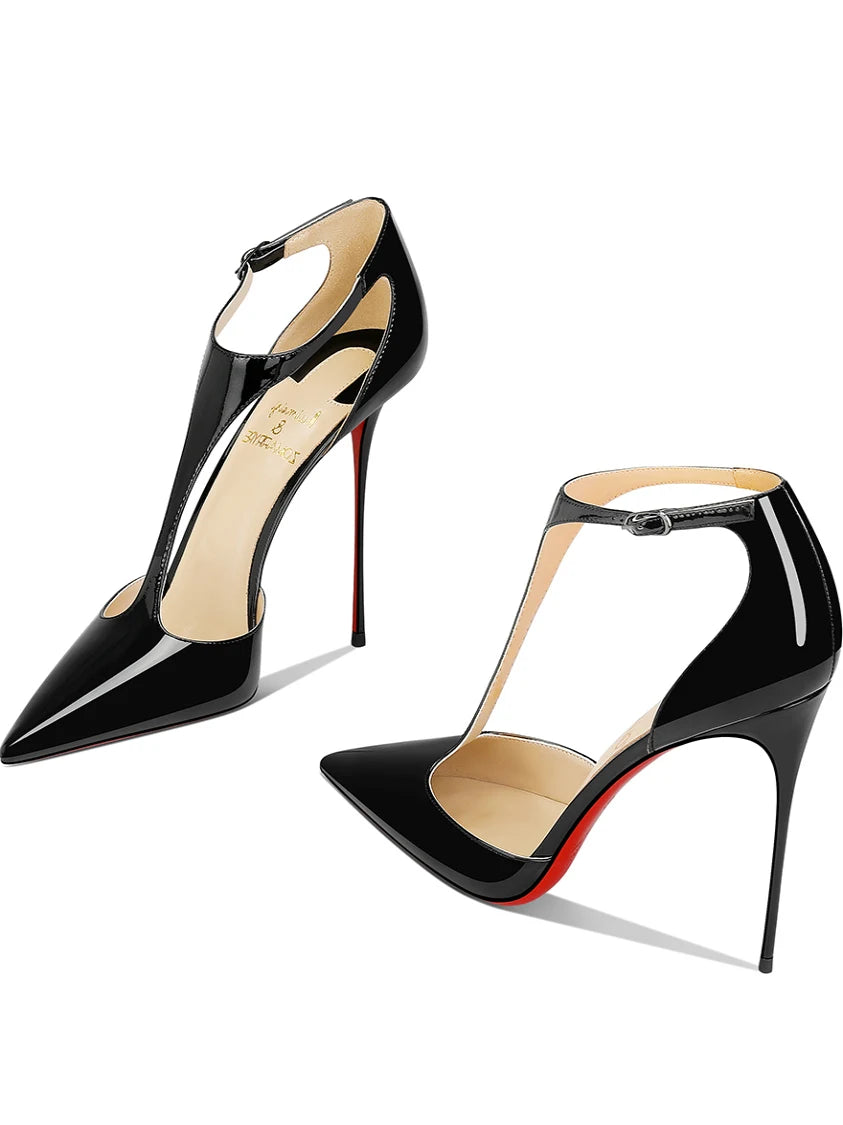 New pointed shallow mouth patent leather T-shaped buckle strap single shoe with feminine temperament, slim heel high heels heels_stiletto